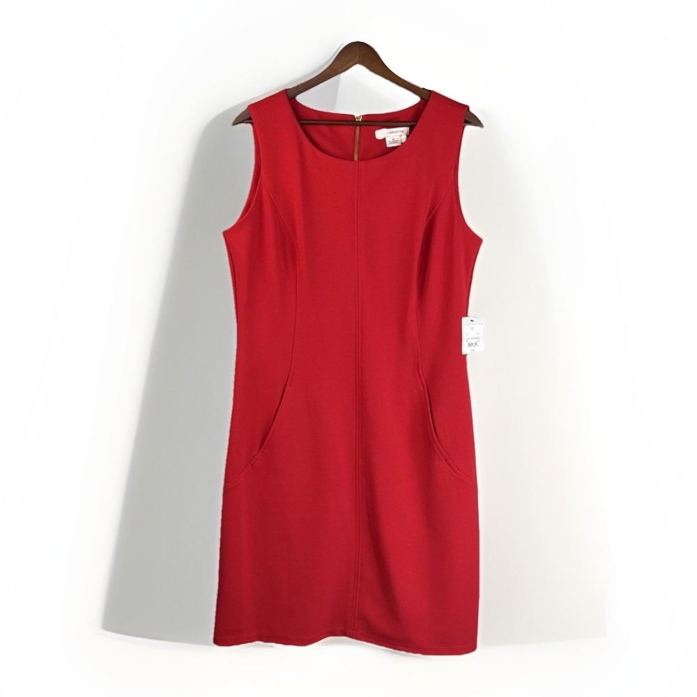 Liz Claiborne Red Dress Sleeveless Sheath 12 Pockets Classic Capsule Minimalist